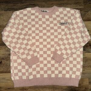 Bangouluo Checkered Knit‎ Sweater Pink And White